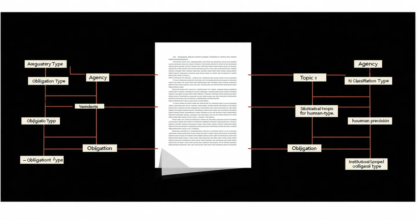 Abstract visualization of regulatory documents being automatically classified and sorted by agency, topic, and obligation type