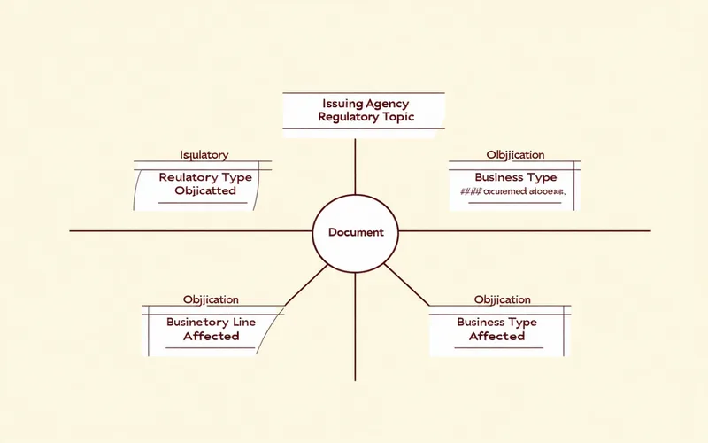 Diagram showing regulatory document classification into agency, topic area, obligation type, and affected business line categories