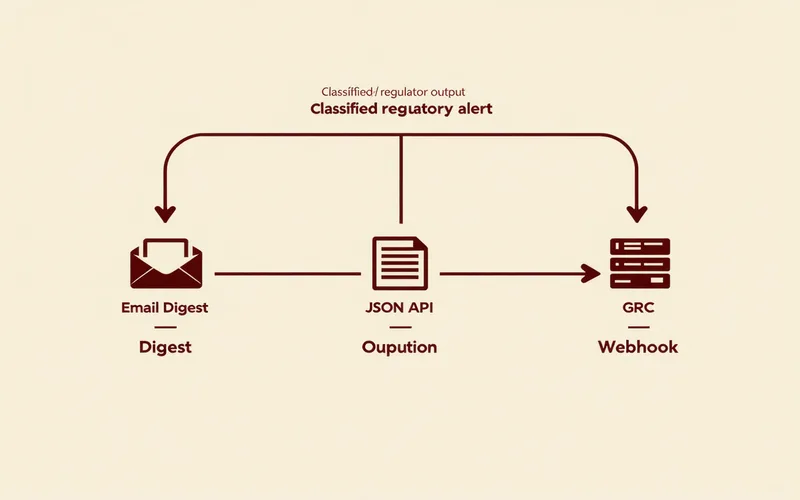 Diagram showing structured regulatory alert delivery to compliance inbox and GRC system integration