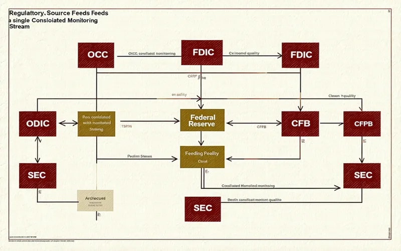 Diagram illustrating regulatory document ingestion from multiple federal agency sources into a unified monitoring feed
