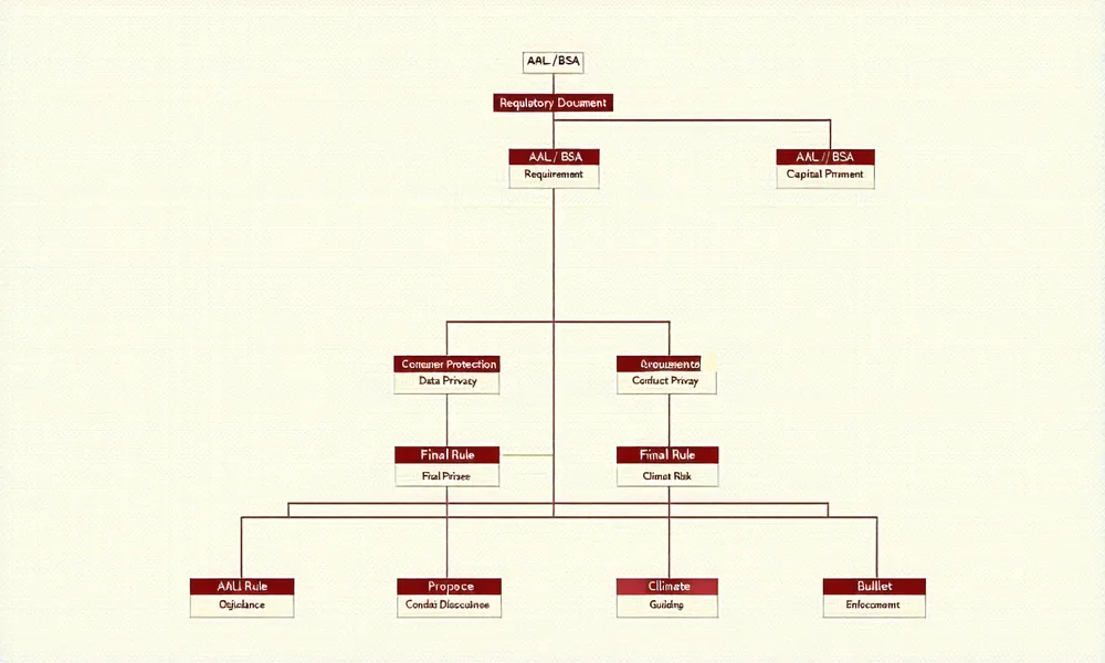 Regulatory classification taxonomy showing topic areas, obligation types, and business line mappings